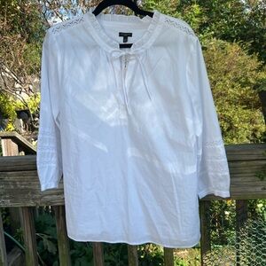 NWT Talbots Petite XL White Cotton Blouse With Eyelet Trim Ruffled Neck Ties